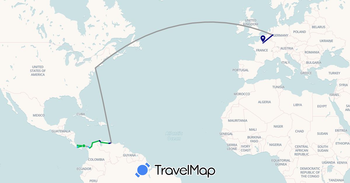 TravelMap itinerary: driving, bus, plane, boat in Colombia, Germany, France, Panama, United States, Venezuela (Europe, North America, South America)