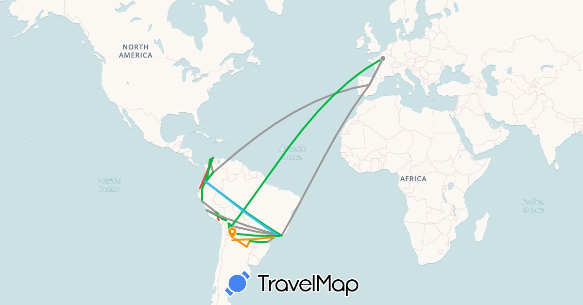 TravelMap itinerary: bus, plane, hiking, boat, hitchhiking in Argentina, Bolivia, Brazil, Colombia, Ecuador, Spain, France, Peru, Paraguay (Europe, South America)