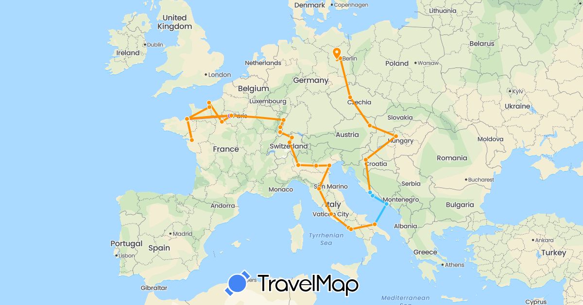 TravelMap itinerary: driving, train, boat, hitchhiking in Austria, Switzerland, Czech Republic, Germany, France, Croatia, Hungary, Italy (Europe)